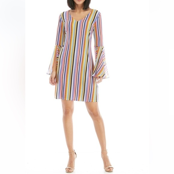 NWT Ivy Road Knit Woven Colorful Striped Bell Sleeves V-neck Dress - Picture 1 of 8